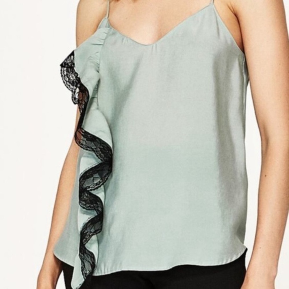 ZARA Black Lace Ruffle Detail Green Camisole Tank
